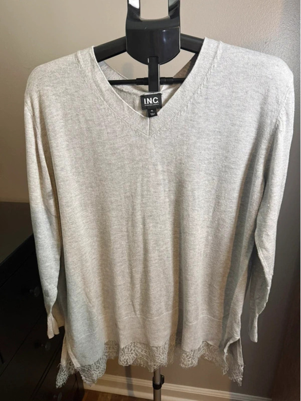 INC International Concepts Gray Lace Hem V-Neck Sweater Size XL
